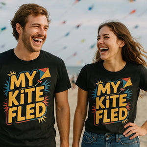 Person wearing the black kite flying shirts graphic tee - "My Kite Fled" design