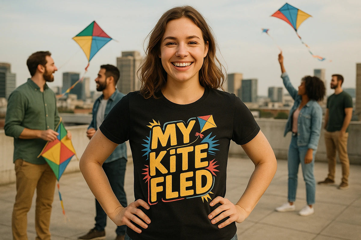 Lifestyle shot of the "My Kite Fled" black kite flying shirts in a real-world setting