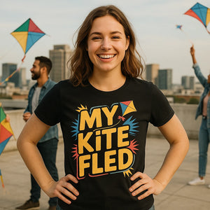 Lifestyle shot of the "My Kite Fled" black kite flying shirts in a real-world setting