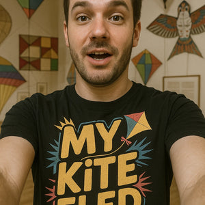 "My Kite Fled" black kite flying shirts, photographed as kite flying gift
