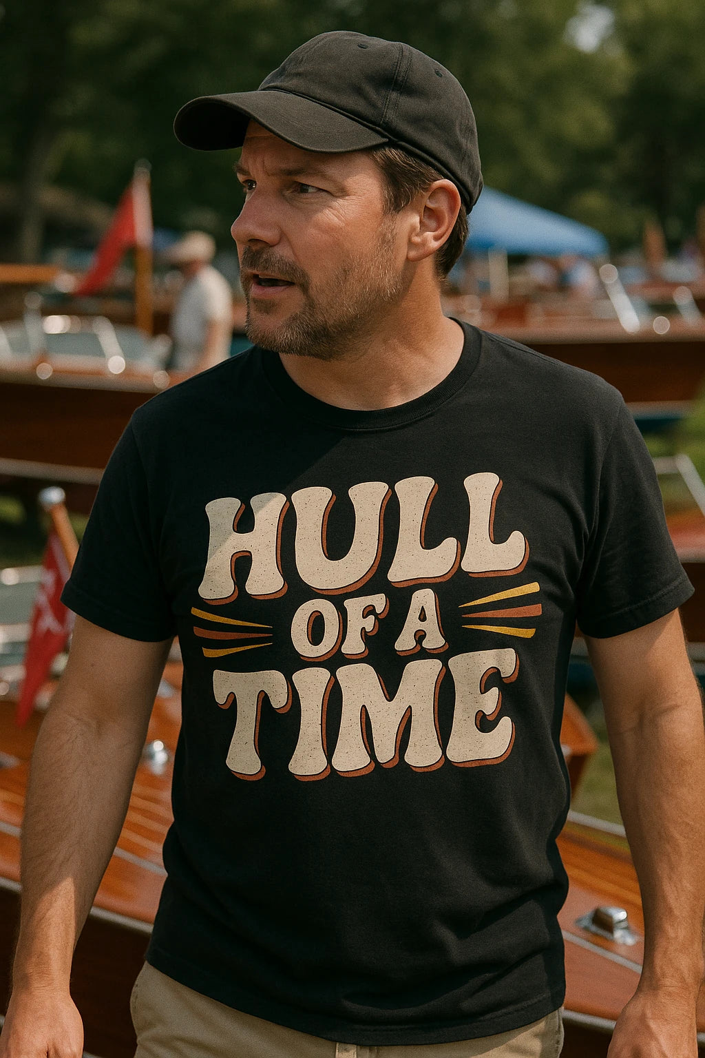 "Hull of a Time" black boat neck t shirt - also a boat owner gift ideas