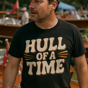 "Hull of a Time" black boat neck t shirt - also a boat owner gift ideas
