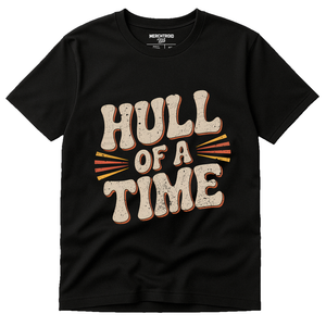 Black Boat Neck T Shirt - "Hull of a Time" graphic tee with beige print, flat lay product photo