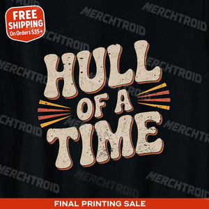 "Hull of a Time" black boat neck t shirt, photographed as presents for boat lovers