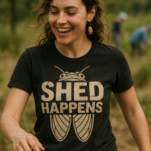 "Shed Happens" black cicada t shirt - a birthday gift for cicada lover