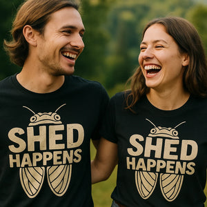 Person wearing the black cicada t shirt graphic tee - "Shed Happens" design