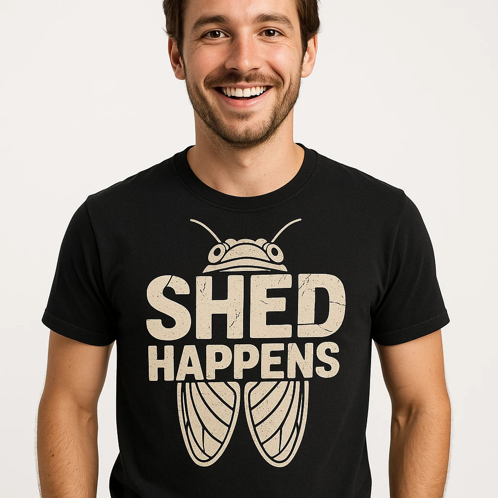 Close-up of the "Shed Happens" beige print on a premium Bella+Canvas black cicada t shirt
