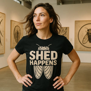 Lifestyle shot of the "Shed Happens" black cicada t shirt in a real-world setting