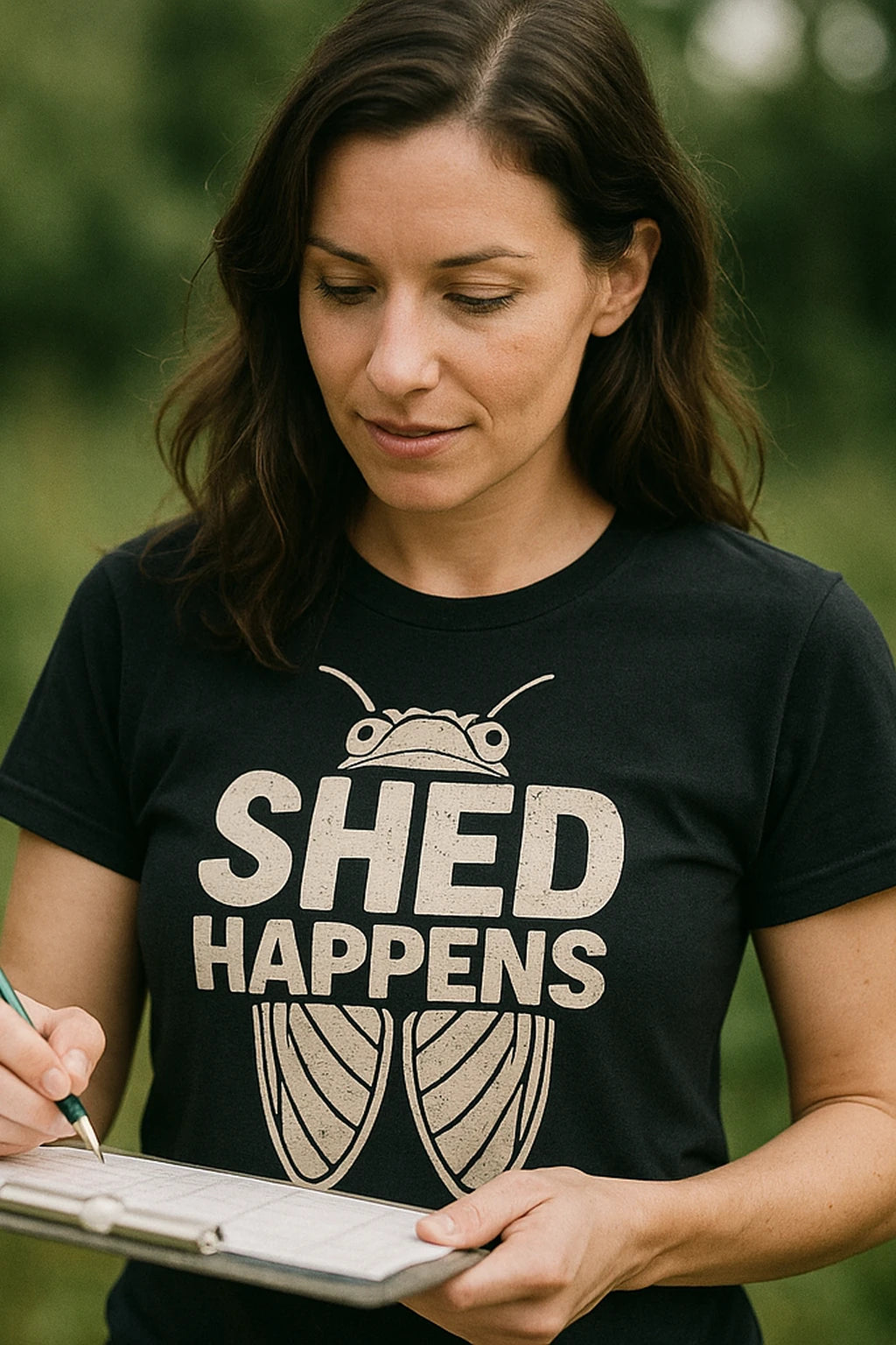 "Shed Happens" black cicada t shirt, photographed as cicada lover gift