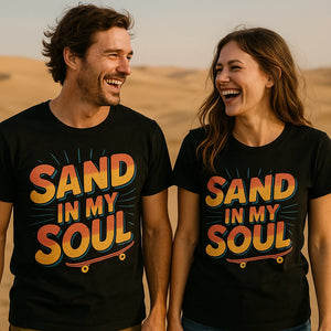 Person wearing the black sandboarding t shirt graphic tee - "Sand in My Soul" design