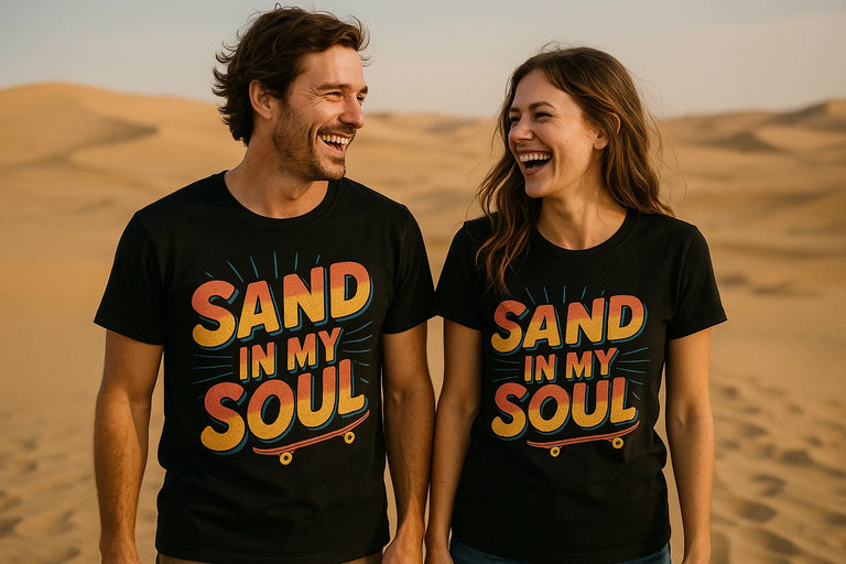 Person wearing the black sandboarding t shirt graphic tee - 