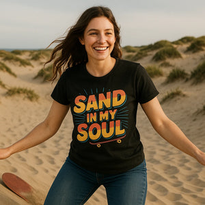 Lifestyle shot of the "Sand in My Soul" black sandboarding t shirt in a real-world setting
