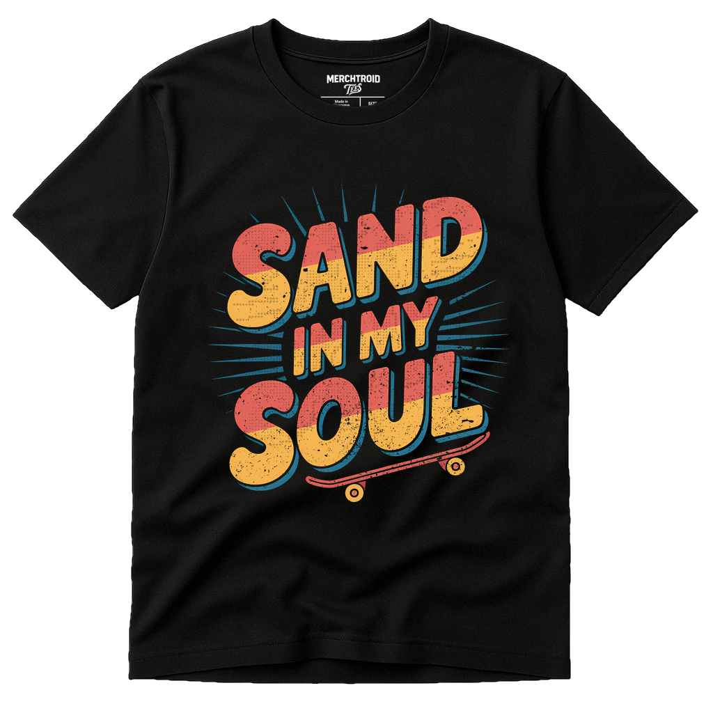 Black Sandboarding T Shirt - "Sand in My Soul" graphic tee with orange print, flat lay product photo