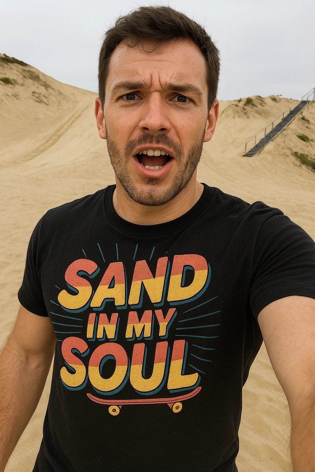 "Sand in My Soul" black sandboarding t shirt, photographed as sandboarding lover gift