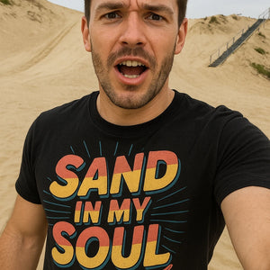 "Sand in My Soul" black sandboarding t shirt, photographed as sandboarding lover gift