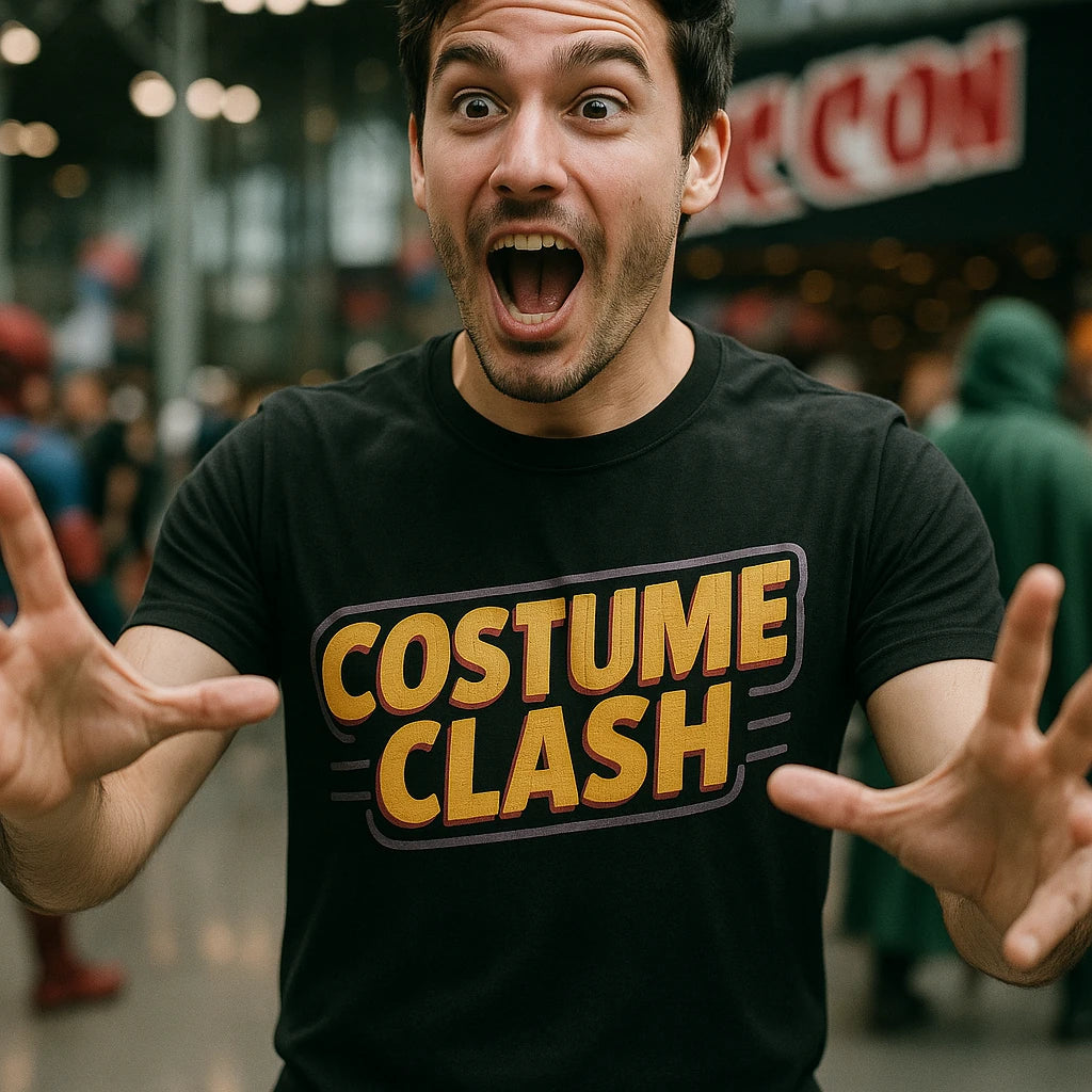 A person with an excited expression holds their hands out in front of them, wearing a black T-shirt with the text "COSTUME CLASH" printed in yellow and orange. The background suggests a busy indoor event, possibly a convention, with blurred figures and signage.