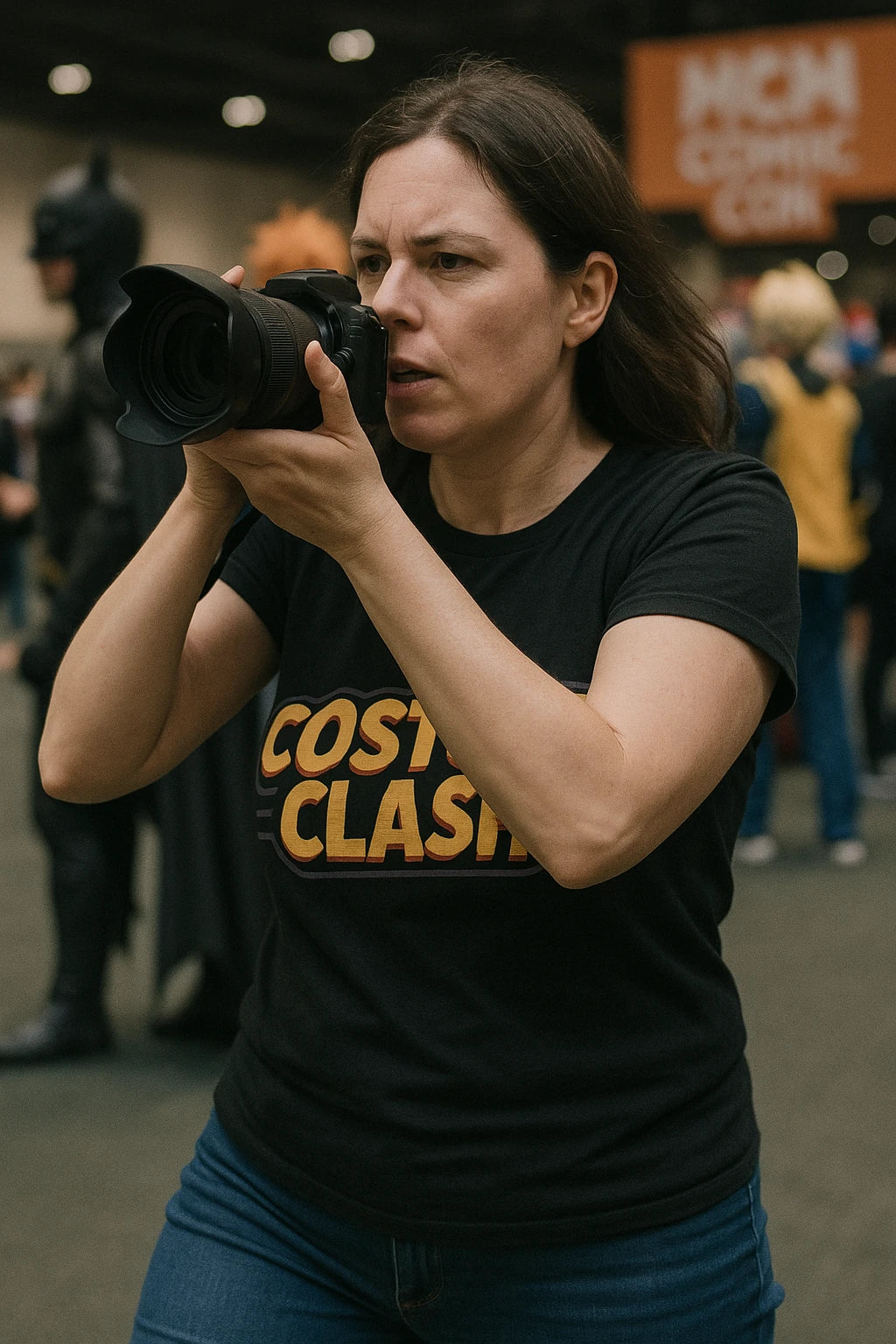 A person with long brown hair is taking a photograph with a camera. They are wearing a black T-shirt with the text "COSTUME CLASH" in bold yellow and orange letters. In the background, there are people dressed in costumes at what appears to be a comic convention.