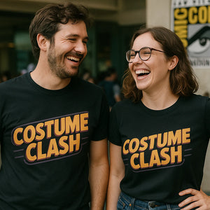 Person wearing the black cosplayers t shirt graphic tee - "Costume Clash" design