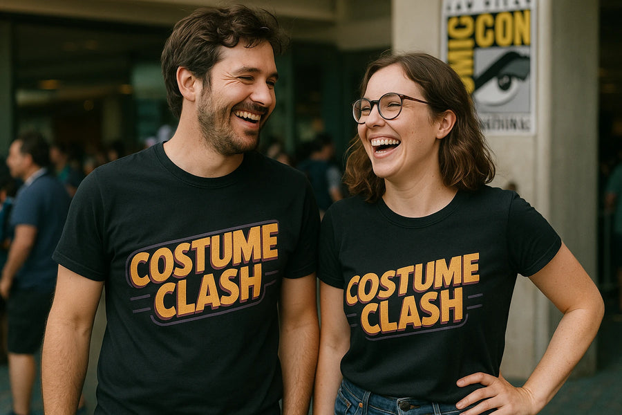 A man and a woman are standing and laughing together. They are both wearing black t-shirts with the text "COSTUME CLASH" in bold orange letters. The man has a beard and short dark hair, while the woman has shoulder-length brown hair and is wearing glasses. They appear to be at an event, with a Comic-Con poster visible in the background.