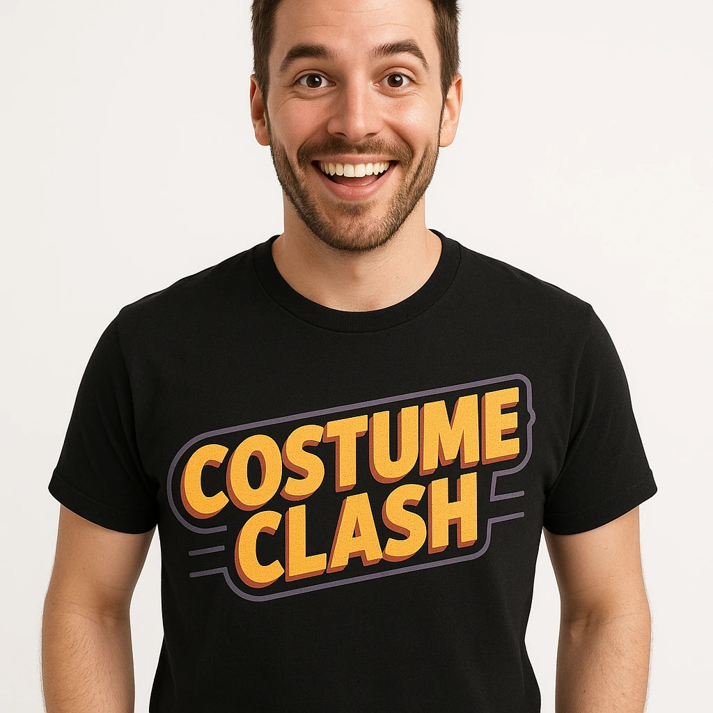 Close-up of the "Costume Clash" gold print on a premium Bella+Canvas black cosplayers t shirt
