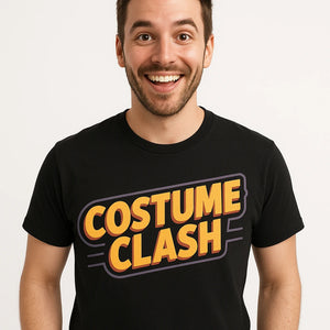 Close-up of the "Costume Clash" gold print on a premium Bella+Canvas black cosplayers t shirt