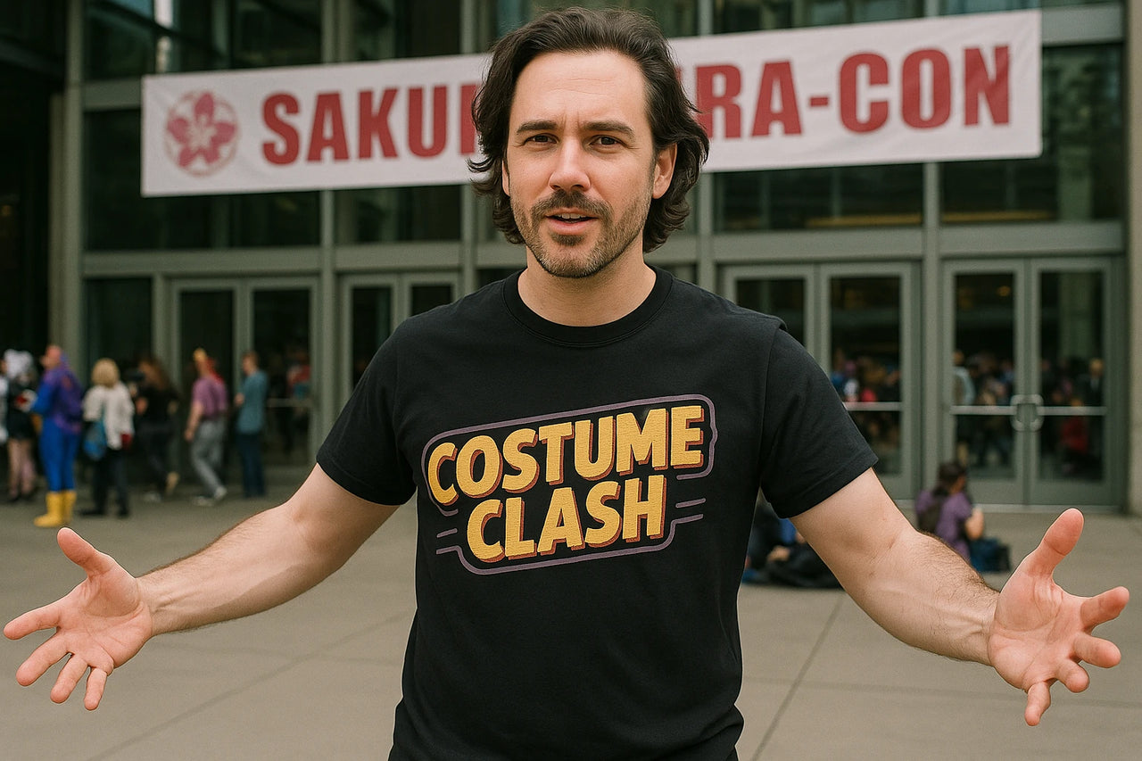 A person with medium-length brown hair and facial hair is wearing a black t-shirt with "COSTUME CLASH" written on it in bold yellow letters outlined in purple. They are standing outside a building with a banner that reads "SAKURA-CON." The person has an expressive posture with their arms outstretched, and there are people in the background attending the event.