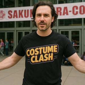 Lifestyle shot of the "Costume Clash" black cosplayers t shirt in a real-world setting