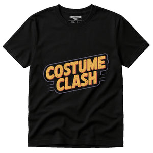 Black Cosplayers T Shirt - "Costume Clash" graphic tee with gold print, flat lay product photo