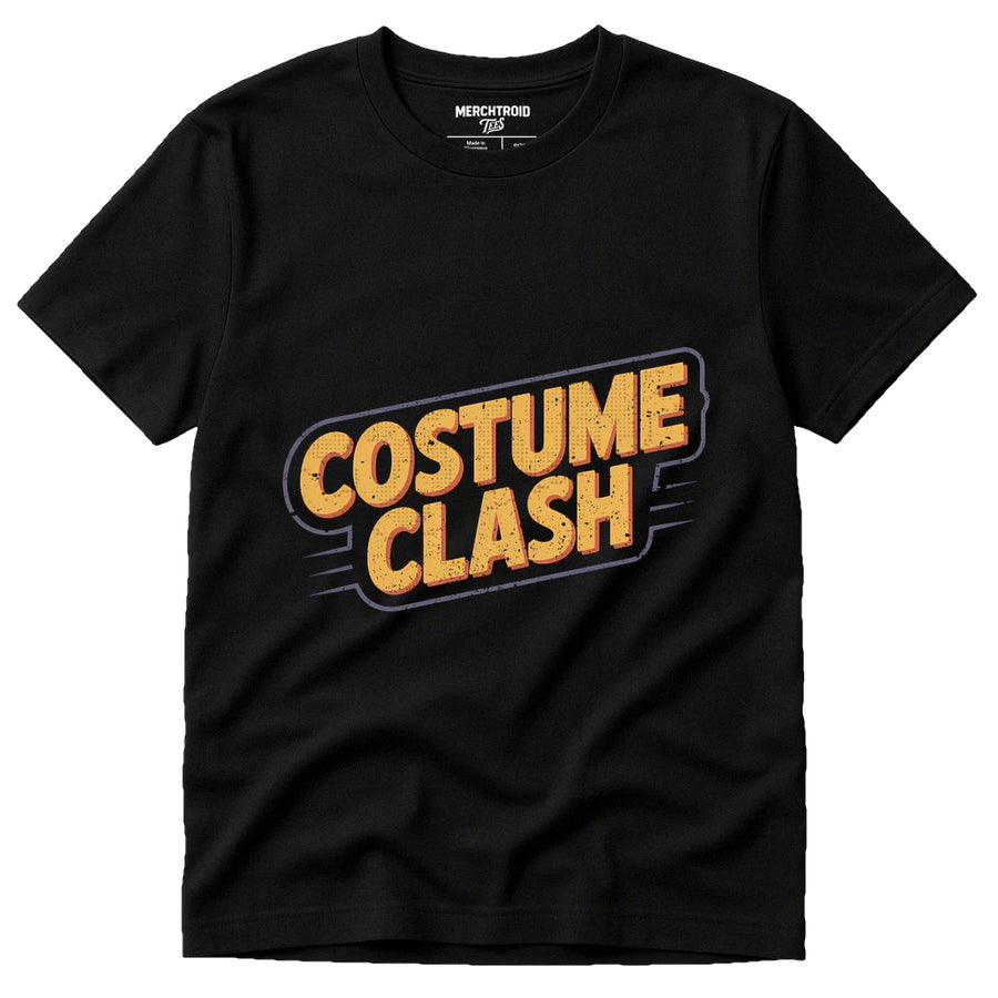 A black T-shirt featuring bold yellow text outlined in purple that reads "COSTUME CLASH" across the front. The shirt appears unworn and laid flat, with a label at the neck indicating the brand "Merchtroid" and size "T-S."