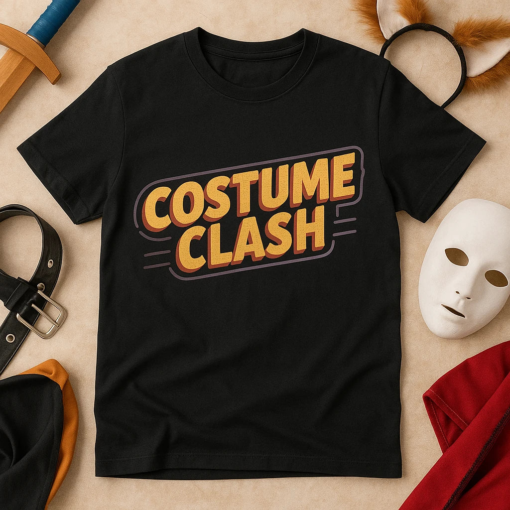 A black T-shirt with "COSTUME CLASH" written in bold, stylized yellow and red letters is placed on a tan surface. Surrounding the T-shirt are various costume accessories: a sword, fox ear headband, mask, belt, and a piece of fabric.