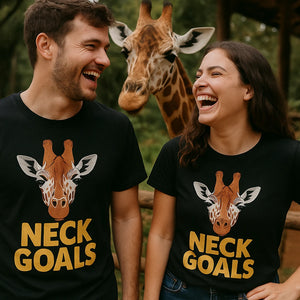 Person wearing the black giraffe print tee graphic tee - "Neck Goals" design