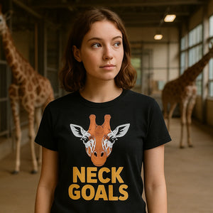 Lifestyle shot of the "Neck Goals" black giraffe print tee in a real-world setting