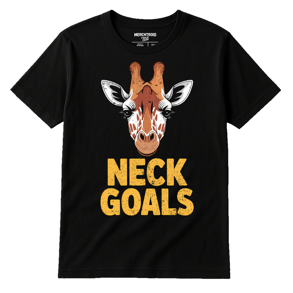 Black Giraffe Print Tee - "Neck Goals" graphic tee with gold print, flat lay product photo