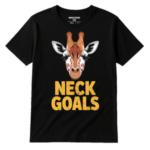 Black Giraffe Print Tee - "Neck Goals" graphic tee with gold print, flat lay product photo