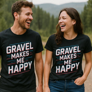 Person wearing the black dirt bike shirts graphic tee - "Gravel Makes Me Happy" design