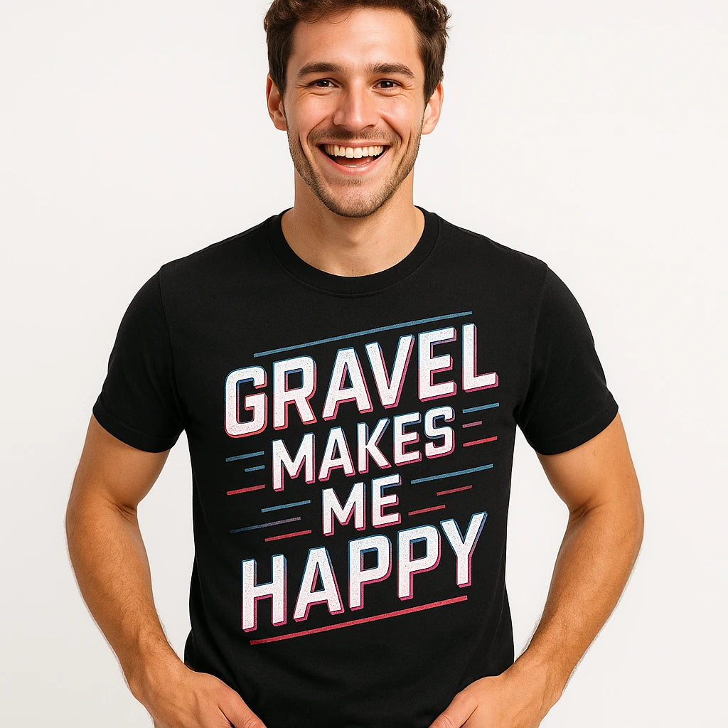Close-up of the "Gravel Makes Me Happy" gray print on a premium Bella+Canvas black dirt bike shirts