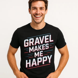 Close-up of the "Gravel Makes Me Happy" gray print on a premium Bella+Canvas black dirt bike shirts