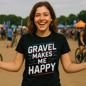 Lifestyle shot of the "Gravel Makes Me Happy" black dirt bike shirts in a real-world setting