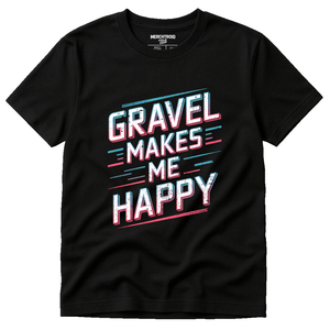 Black Dirt Bike Shirts - "Gravel Makes Me Happy" graphic tee with gray print, flat lay product photo
