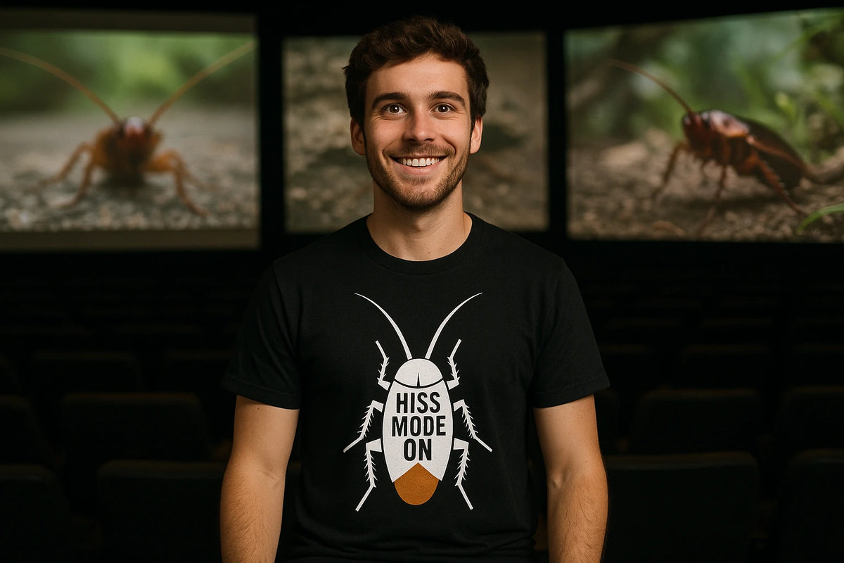 Lifestyle shot of the "Flat Tail Club" black cockroaches shirts in a real-world setting