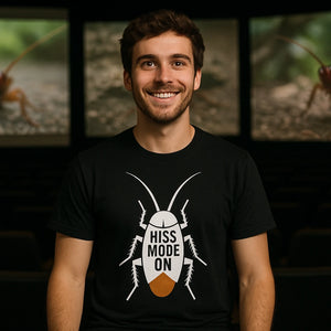 Lifestyle shot of the "Flat Tail Club" black cockroaches shirts in a real-world setting