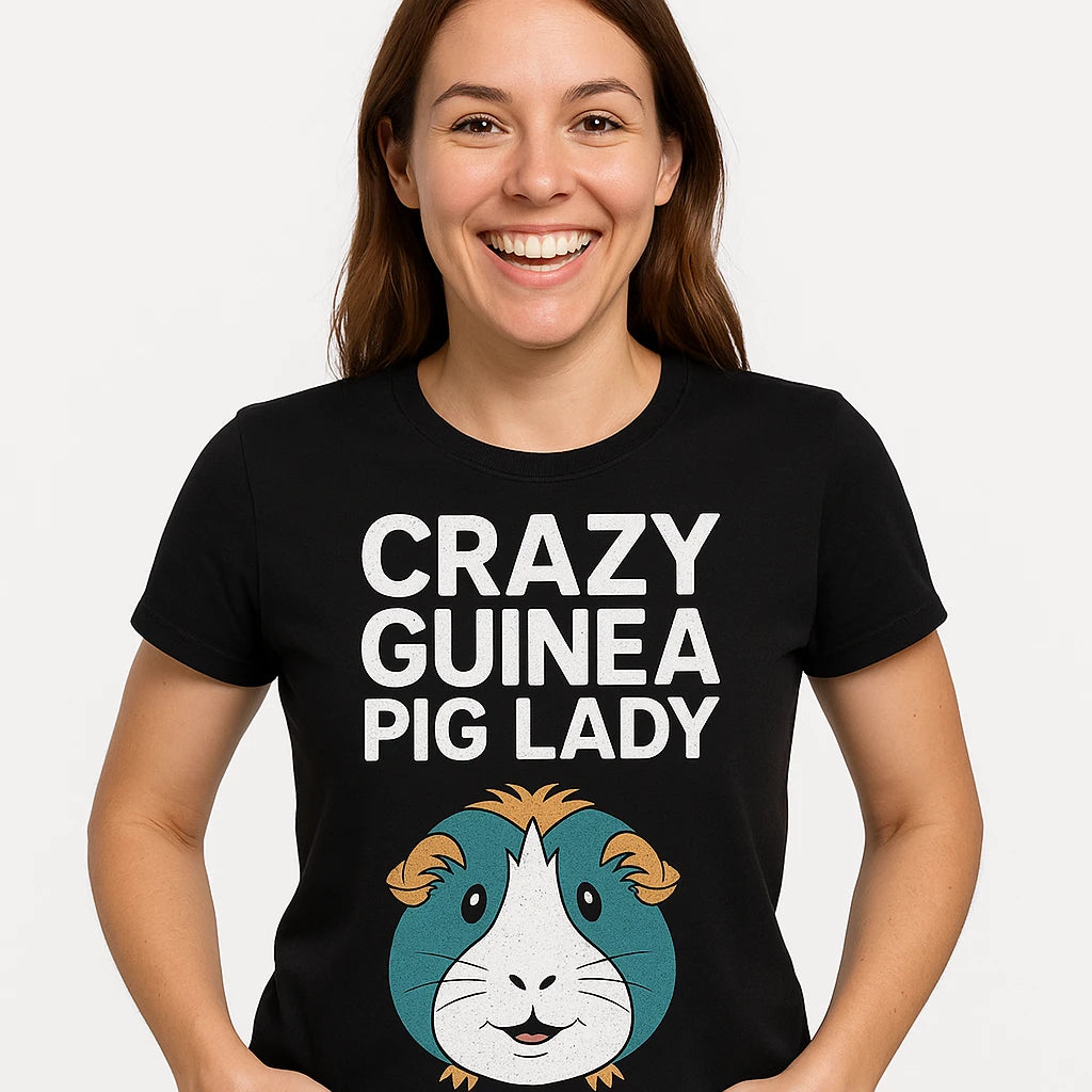 Close-up of the "Crazy Guinea Pig Lady" white print on a premium Bella+Canvas black graphic tee