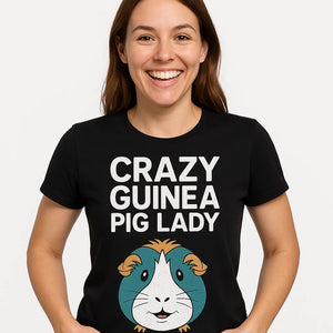 Close-up of the "Crazy Guinea Pig Lady" white print on a premium Bella+Canvas black graphic tee