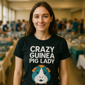 Lifestyle shot of the "Crazy Guinea Pig Lady" black graphic tee in a real-world setting