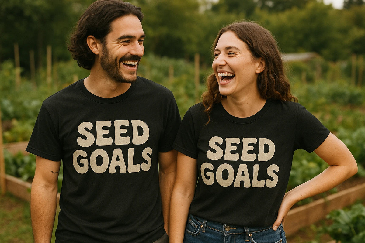 Person wearing the black gardening t shirts funny graphic tee - "Seed Goals" design