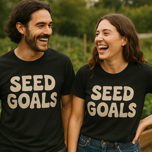 Person wearing the black gardening t shirts funny graphic tee - "Seed Goals" design
