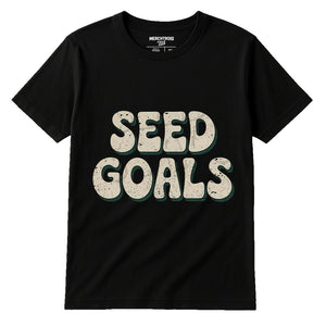Black Gardening T Shirts Funny - "Seed Goals" graphic tee with beige print, flat lay product photo