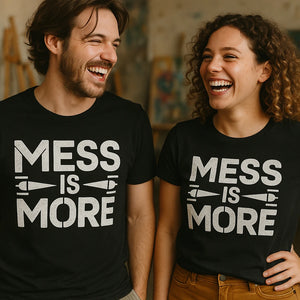 Person wearing the black minimalist geometric sculpting t shirt graphic tee - "Mess Is More" design