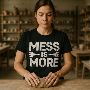 Lifestyle shot of the "Mess Is More" black minimalist geometric sculpting t shirt in a real-world setting