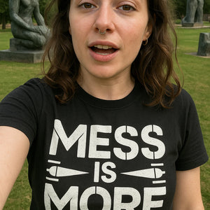 "Mess Is More" black minimalist geometric sculpting t shirt, photographed as sculpting lover gift